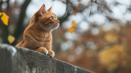 An orange cat with striking fur sits on a large, textured rock, gazing thoughtfully toward the horizon. The background features a calm coastal atmosphere with soft colors, creating a serene moment.の素材