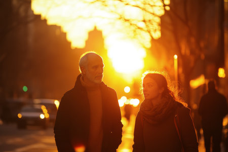 A couple enjoys a romantic stroll down a busy city street at sunset, casting long shadows as the sun sets behind skyscrapers, creating a warm and golden atmosphere.の素材