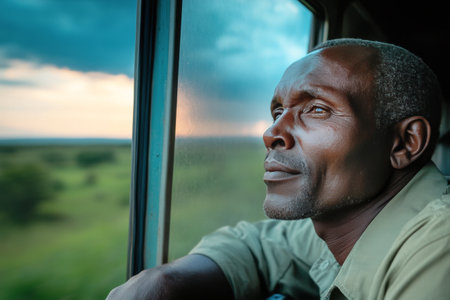 A man reflects thoughtfully while looking out the window of a train, surrounded by vibrant greenery and a dramatic sky. The moment captures a sense of tranquility and adventure.の素材