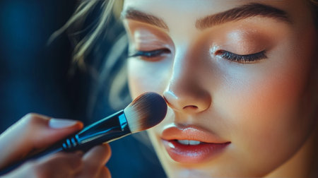 A woman enjoys a beauty treatment as a makeup artist expertly highlights her features. The soft lighting creates a tranquil atmosphere perfect for relaxation.の素材