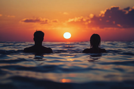 Two friends are standing in the shallow waters of the ocean, watching a vibrant sunset. The sky is filled with beautiful orange and purple hues, creating a serene atmosphere.の素材
