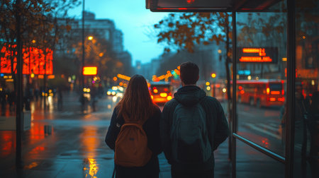 Two individuals stand under an awning, facing a busy street filled with vehicles and lights on a rainy evening. The atmosphere is vibrant as they wait for their ride.の素材