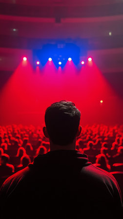 A person stands with their back turned, gazing at striking red and blue lights illuminating a dark venue. The atmosphere is artistic and captivating, enhancing the experience of the moment.の素材