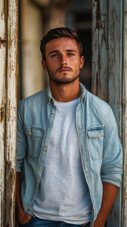A man poses with a relaxed expression in front of old, peeling wooden doors. His casual outfit and confident stance suggest comfort in this rustic setting, captured during daylight.の素材