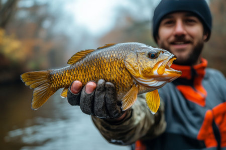 A fisherman proudly displays a freshly caught fish with vibrant colors. The scene captures the thrill of fishing in a tranquil outdoor environment surrounded by nature.の素材