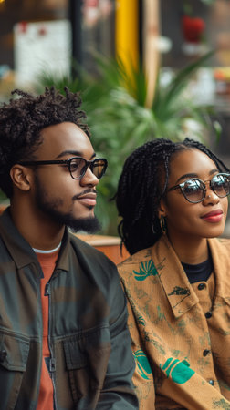 A young couple shares a warm smile while sitting close together at a cafe. Soft lighting enhances the relaxed atmosphere, capturing a joyful moment amidst urban life.の素材