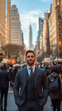 A well-dressed man poses confidently on a bustling city street. Skyscrapers tower behind him, with the iconic Empire State Building visible in the distance.の素材