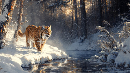A lynx is seen walking gracefully on a snowy forest floor. Sunlight filters through the trees, casting a warm glow on the autumn leaves and creating a serene atmosphere.の素材