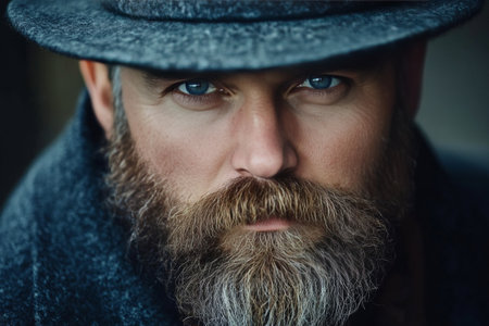 A close-up view of a man with intense blue eyes and a prominent beard, dressed in a dark hat. The focus captures his serious expression and textured facial features.の素材