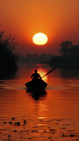 A person paddles a kayak on calm waters during sunset, surrounded by silhouettes of trees. The sky is ablaze with orange and red tones as the sun sets.の素材