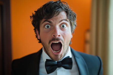 A man in a tuxedo shows a surprised expression with his mouth wide open, highlighting his astonishment. The background features warm colors, enhancing the celebratory atmosphere.の素材