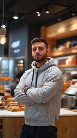 A young man stands confidently in a cozy cafe dressed in a gray hoodie. The background features shelves filled with baked goods and a warm, inviting atmosphere.の素材