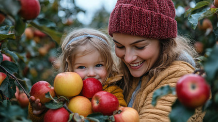A woman and a young girl, both wearing warm hats, smile while holding bright red apples close to their faces. The cozy, rustic backdrop enhances the autumn atmosphere, creating a joyful moment.の素材