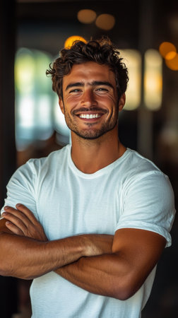 A young man with curly hair is confidently smiling with his arms crossed in a casual environment, characterized by warm light that enhances the friendly vibe.の素材