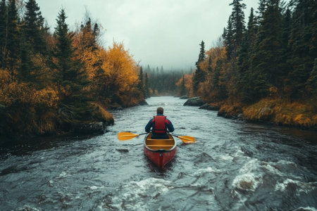 A person paddles a bright red canoe on a calm river, surrounded by vibrant autumn trees. Mist lingers in the air, creating a serene, peaceful atmosphere along the waterway.の素材