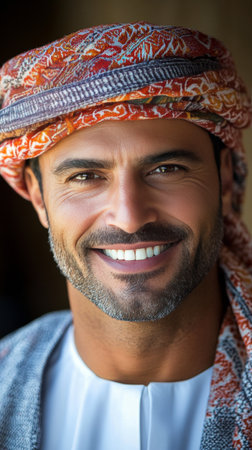 A joyful man dressed in traditional Middle Eastern attire beams at the camera, showcasing his warm smile and cultural heritage in an inviting, vibrant environment.の素材