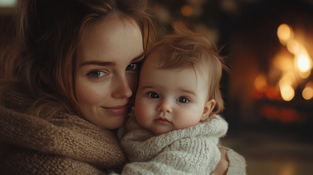 A mother gently holds her baby against her chest, both wrapped in warm clothing. They are near a glowing fireplace, exuding a sense of warmth and comfort typical of winter evenings.の素材