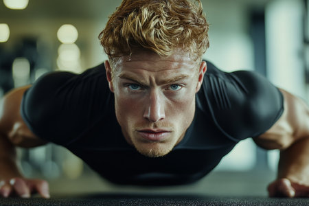 A focused individual performs push-ups in a gym, showing impressive muscles and tattoos. The atmosphere emphasizes commitment to fitness and strength training.の素材