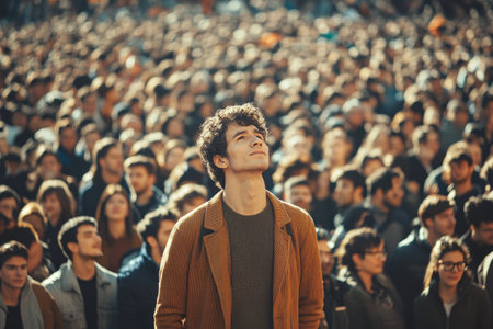 In a bustling outdoor gathering, a young man stands out as he looks up, surrounded by a sea of people. The atmosphere is lively, reflecting engagement and curiosity.の素材