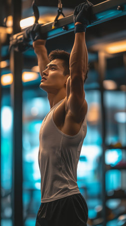 A muscular man in a fitted white shirt and gray leggings executes squats with focused expression in a spacious gym full of workout equipment. Natural light fills the room.の素材