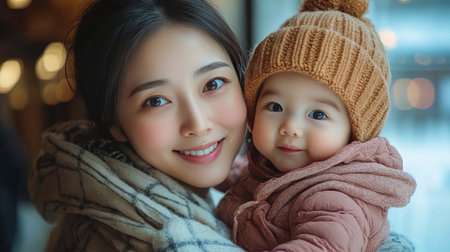 A joyful mother embraces her baby while indoors, both smiling warmly. The baby is bundled in winter clothing, enjoying the cozy atmosphere as soft light glows around them.の素材