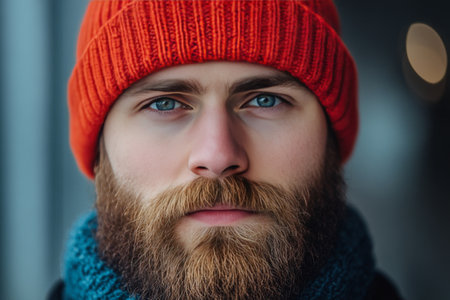 A man stands confidently outdoors, wearing a vibrant red hat and a stylish coat. His beard and focused expression suggest a moment of contemplation under a bright blue sky.の素材