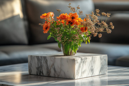 A smooth marble block rests on a round marble table, bathed in warm sunlight. The backdrop features a stylish living space with soft furnishings and natural light.の素材