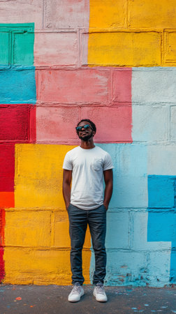A fashionable man stands confidently against a brightly colored mural, showing a mix of vibrant colors in an urban environment. The scene reflects a lively atmosphere.の素材