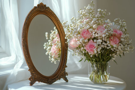 Soft natural light illuminates a circular mirror placed next to a lovely bouquet of peach and white roses. Eucalyptus leaves add elegance to the arrangement on a table.の素材