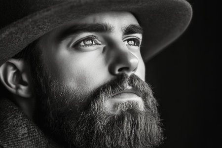 A close-up view of a man with intense blue eyes and a prominent beard, dressed in a dark hat. The focus captures his serious expression and textured facial features.の素材