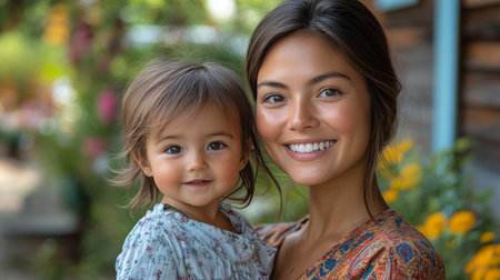 A mother and her young child enjoy quality time at a playground. They are on the ground, examining the textured soil, surrounded by colorful play structures in a vibrant fall setting.の素材