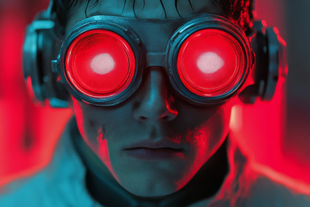 A young man poses with goggles that reflect vivid red light, creating a striking contrast against the blue backdrop. His serious expression and the colorful lighting create a captivating atmosphere.の素材
