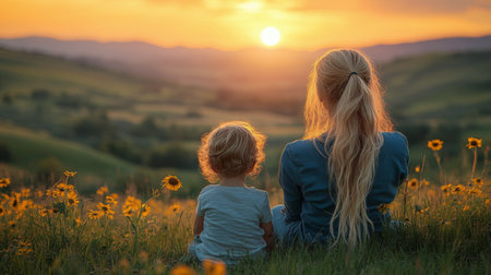 A mother and her small child sit together in a field of sunflowers, enjoying the beautiful sunset. The warm light casts a golden hue over the landscape, creating a serene atmosphere.の素材