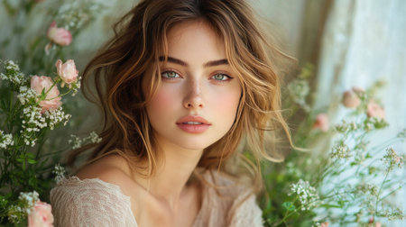 A young woman with wavy hair poses amidst delicate flowers, showing a serene expression and natural makeup. Soft lighting enhances the tranquil atmosphere surrounding her.の素材