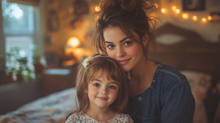 A young girl with curly hair beams a joyful smile, surrounded by warm glowing lights in a cozy indoor environment during an evening event.の素材