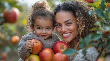 A woman and a young girl, both wearing warm hats, smile while holding bright red apples close to their faces. The cozy, rustic backdrop enhances the autumn atmosphere, creating a joyful moment.の素材