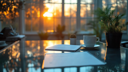 A neatly arranged office workspace features a coffee cup, documents on a glass table, and a stunning city skyline visible through large windows during sunset.の素材