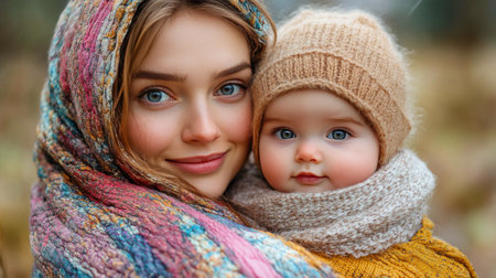 A mother smiles warmly while holding her baby closely, both wrapped in a colorful blanket. Soft light fills the room, creating a comforting atmosphere.の素材
