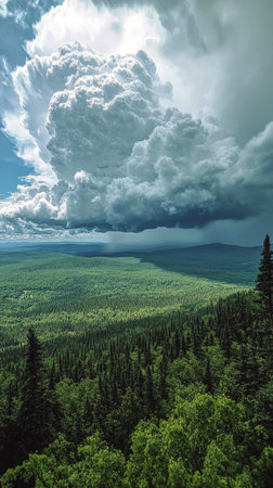Fluffy white clouds drift above a lush green forest, illuminated by bright sunlight. The vibrant scenery features tall trees and a sprawling meadow beneath the clear blue sky.の素材