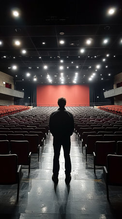 A solitary figure stands in a quiet theater, facing an empty auditorium filled with red seats. Bright lights illuminate the stage, creating an atmosphere of anticipation for an upcoming performance.の素材