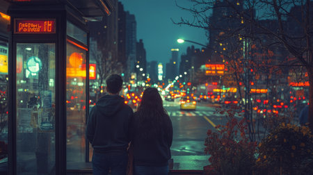 Two individuals stand under an awning, facing a busy street filled with vehicles and lights on a rainy evening. The atmosphere is vibrant as they wait for their ride.の素材