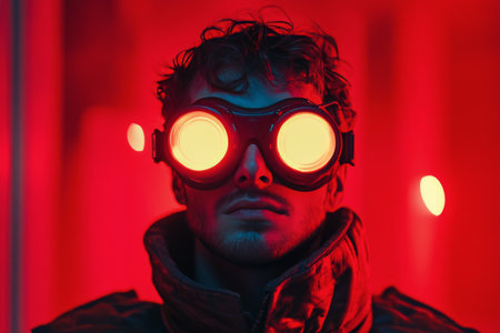 A young man poses with goggles that reflect vivid red light, creating a striking contrast against the blue backdrop. His serious expression and the colorful lighting create a captivating atmosphere.の素材