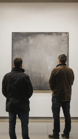 A large abstract artwork featuring bold black and white contrasts is on display in a sleek modern art gallery. The minimalist space enhances the dramatic effect of the piece.の素材