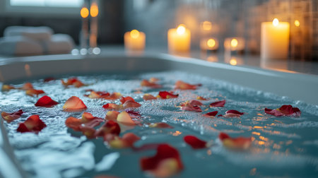 Soft candlelight illuminates a tranquil bathroom with a bubble bath filled with rose petals. A calming atmosphere perfect for relaxation and self-care.の素材