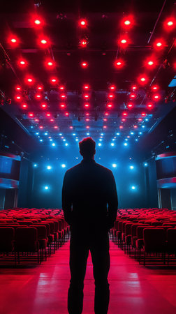 A person stands with their back turned, gazing at striking red and blue lights illuminating a dark venue. The atmosphere is artistic and captivating, enhancing the experience of the moment.の素材