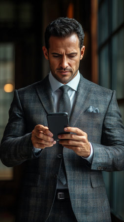 A man wearing a brown blazer over a blue shirt stands in an urban area, focused on his smartphone. He balances fashion with technology in a bustling environment.の素材