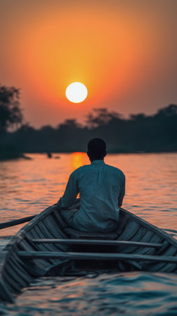 A person paddles a kayak on calm waters during sunset, surrounded by silhouettes of trees. The sky is ablaze with orange and red tones as the sun sets.の素材