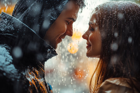 A couple stands close together, smiling as rain falls around them. Their faces reflect joy and love amidst a softly lit city backdrop, creating a magical nighttime atmosphere.の素材