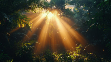 Bright sunlight streams through the thick canopy of a lush tropical rainforest, illuminating vibrant greenery and creating a tranquil ambiance. This serene environment showcases natures beauty.の素材