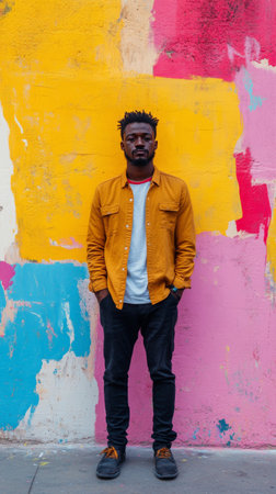 A fashionable man stands confidently against a brightly colored mural, showing a mix of vibrant colors in an urban environment. The scene reflects a lively atmosphere.の素材